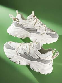 Men's Letter Print Front Lace-Up Wavy Double Shoelace Design Contrast Color Casual Chunky Sneakers - Beige - View 5