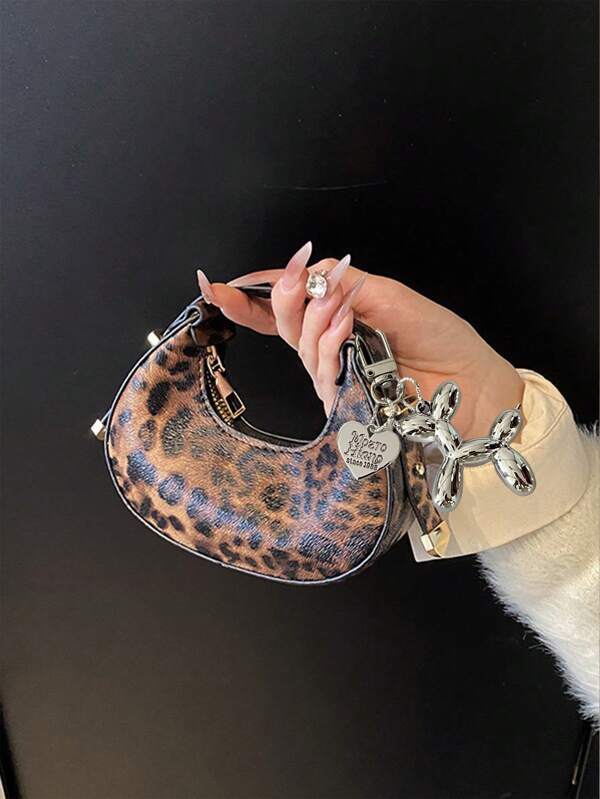 2pcs Mini Leopard Print Handbags Retro Underarm Bag With Balloon Dog Pendant Leopard Print Ladies Small Handbags, Fashionable Half-Moon Bag, High Quality Handbags, Leopard Print Ladies Coin Purse Personalized Fashion Commuting Casual Decorative Bag Ladies Handbag With Balloon Dog Star Pendant Dating, Travel, Tourism, Etc., Give To Girlfriend To Express Love, Daily Shopping And Leisure Use Holiday Gifts