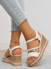 女士金色编织水钻装饰厚底坡跟凉鞋，波西米亚风格休闲百搭度假厚底坡跟凉鞋 - 白色 - 查看 7