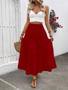 Rok Maxi Longgar Gaya Bohemian Wanita untuk Liburan Musim Gugur - Merah - View 3