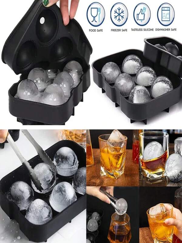 Large Round Ice Cube Silicone Ice Cube Tray Big Ice Cube Mold Reusable Ice Mold Ball For Ice Mould 4/6/8 Grid Ice Ball(BLACK)