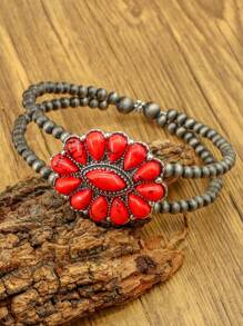1 pulseira de contas de design aberto estilo boêmio com incrustações de turquesa, pulseira vintage feminina de contas
