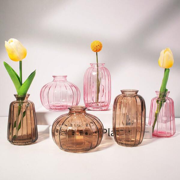 3 piezas Jarrón de cristal para brotes, jarrón con patrón vertical, jarrones pequeños para centros de mesa, jarrones para flores para decoración de mesa, jarrones mini vintage a granel para decoraciones rústicas de boda|Sala de estar|Hogar|Decoración de cocina, jarrones marrones para ramos de flores pequeños, regalo. Regalos Cumpleaños Graduación Decoración del hogar Decoración de habitación Jarrón de flores Jarrón de cristal