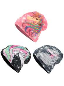 Berretto oversized da donna con stampa di unicorno cartoni animati, berretto elastico a doppio strato in pile, cappello da chemioterapia caldo e carino per uso quotidiano