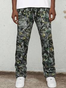 Yemwry Pantalones largos casuales con cordón y estampado de camuflaje para hombre, que combina elementos naturales, con diseño ajustable de cordón, adecuado para el transporte diario o actividades al aire libre, mostrando un estilo único