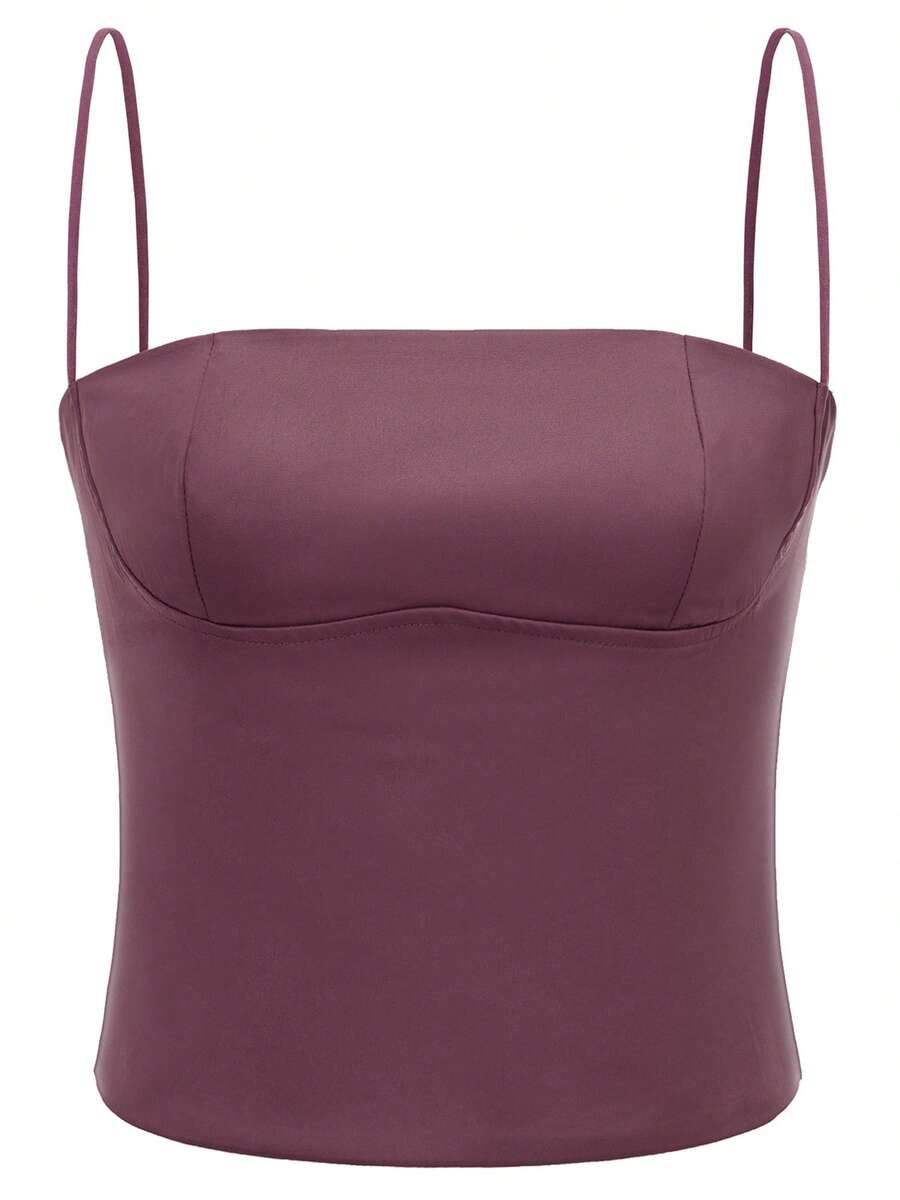 Women's Summer Fitted Cami Tops Solid Color Sleeveless Backless Cropped Going Out Tops - 酒紅色 - 查看 1