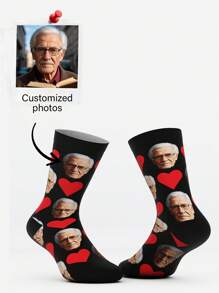 1 Pair Customizable Face Design Men Crew Socks, Heart Pattern Socks, Mother's Day Gift