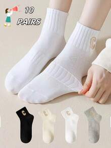 10 Pairs Versatile Multi-Color Short Socks For Women, Spring/Summer, Thin Sports Style, Sweet Elastic Waist Letter Design, Suitable For Students - Multicolor - View 2
