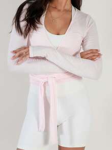Women's Ballet Wrap Tops V Neck Long Sleeve Slim Fit Self Tie Workout Pilates Yoga Wrap Tops Y2k Dance Shirt - 粉色 - 查看 3
