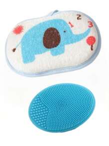 2pcs/Set Teens Bath & Shampoo Brush Set - Soft Silicone, Gentle Scalp Massage, Easy Clean Hair Comb, Cartoon Elephant Washcloth, Soft Lathering Scrubber, Body Hair Cleaning Sponge, Bathing Supplies, Suitable For Teens