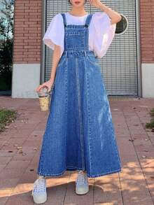 Women Casual Pocket Maxi Length Denim Dungaree Dress - Medium Wash - View 4