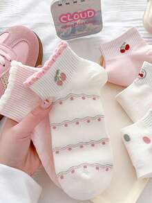 5 Pairs Women's Fashion Cherry Polka Dot Pattern Cute Ruffle Cuff JK Style Versatile Short Socks - Multicolor - View 5