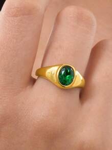 1pc Retro Stainless Steel Green, Red, Yellow, Blue, White, Black Zirconia Gold Color Rings, Vintage Style Women Jewelry, Suitable For Summer
