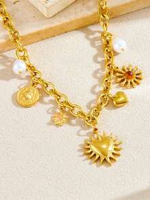 1 pieza Collar retro de acero inoxidable con colgante con forma de insecto y corazón con gema incrustada - Dorado - Ver 2