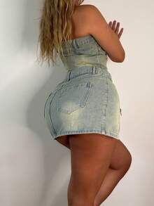 Sexy Side Zipper Slit Denim Mini Skirt - Blue Gray - View 3