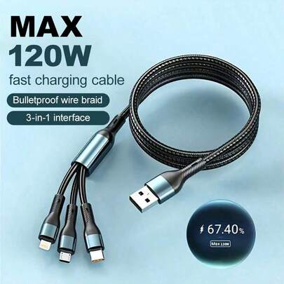 Durcord MFI Certified 3-In-1 MAX 120W Multi-Charging Cable With Excellent Durability, Type-C Fast Charging, Perfect Compatible With Iphone, Android Phones, And Tablets,Compatible With Iphone 16/15/14/13/12/11/ S24/S23/S22/S21,