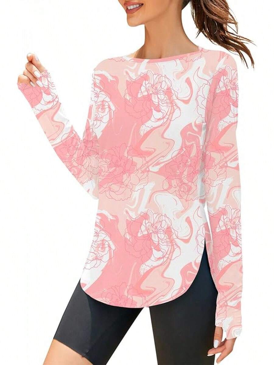 ZHENWEI Women's Long Sleeve Sun Shirt UV Protection Workout Tops Lightweight UPF 50+ Golf Gym Hiking Shirts Outdoor Clothing - 白色粉紅色印花 - 查看 1