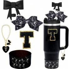 5 piezas de accesorios para taza de 30oz y 40oz, que incluyen tapa con protector de pajita de 10mm, decoración de lazos para pajita, pegatina con letras y cadena con dije, y funda protectora de silicona para la taza