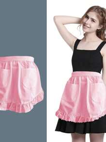 1pc Polyester Princess Style Half Apron, Thickened Cute Waist Tie Pocket Apron, Fashion Household Kitchen Work Wear