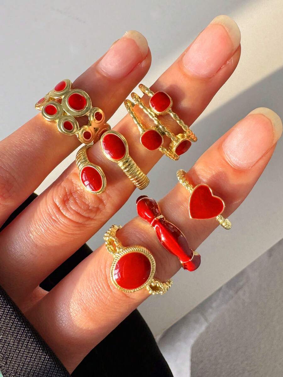 6 件套时尚红蛇心形釉面戒指套装，复古奢华高端可叠戴戒指套装，女士节日礼物首饰 - 彩色 - 查看 1