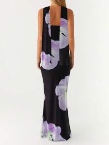 Womens Floral Strapless Dress With Scarf Y2k Backless Sleeveless Tube Maxi Long Dresses Sexy Mesh Bodycon Summer Beachwear - Black Purple - 查看 2