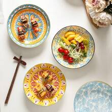 4pcs Boho Style 8.25" Ceramic Plates | Multipurpose Pasta, Salad, Sushi, Dessert Plates | Dishwasher/Oven/Microwave Friendly | Suitable For Hot Pot, Picnic, Camping | Creative Tableware Gifts (Fruit/Appetizer)