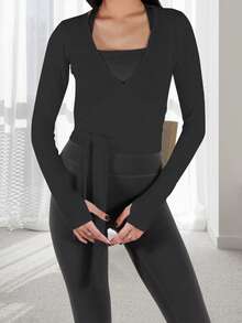 Women's Ballet Wrap Crop Tops Solid Stylish Deep V Neck Long Sleeve Workout T-Shirt Tie Front Pilates Yoga Wrap Shirts - Black - View 5