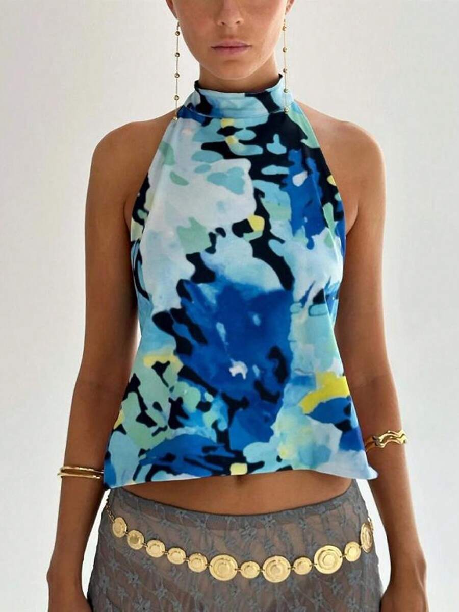 Women Y2k Floral Tie Top Coquette Boho Bow Backless Sleeveless Tank Top Summer Going Out Cami Top Fairy Streetwear - 藍色 - 查看 1
