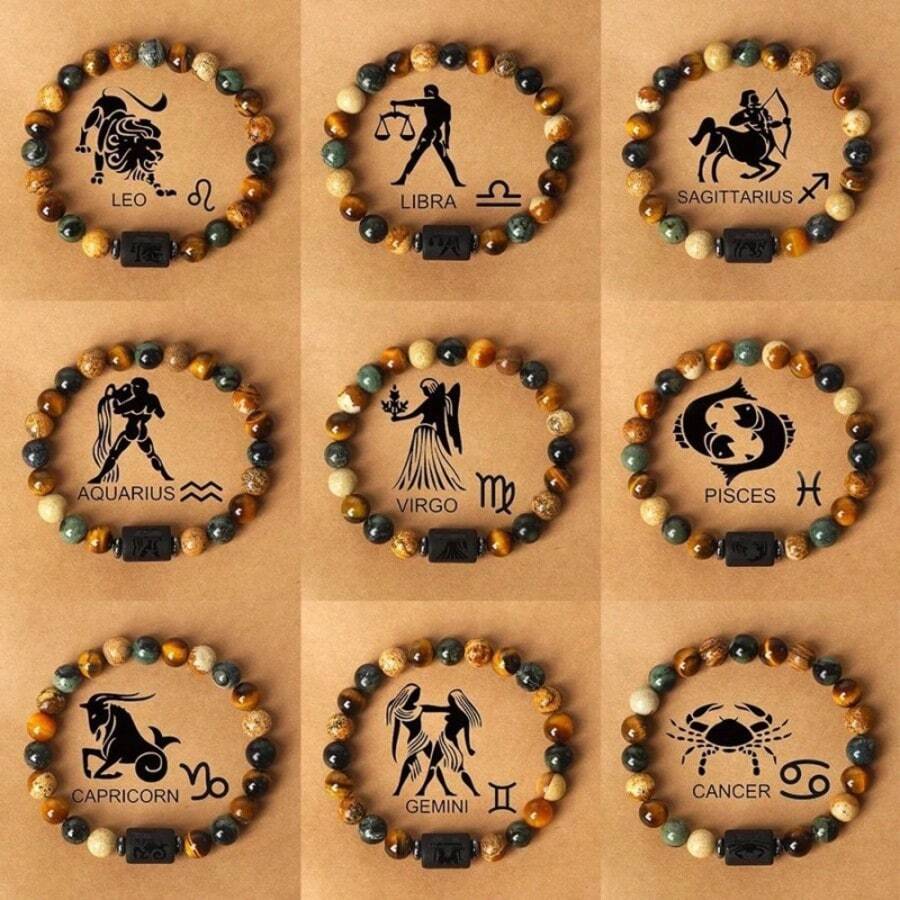 1 Pc Zodiac Bracelet Brings Luck, Made With Different Kinds Of Natural Gemstone Beads, Perfect As A Gift - 黑色 - 查看 1