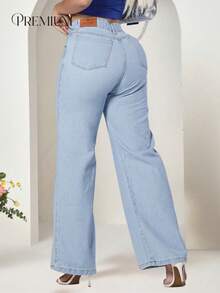 Women's Wide Leg Jeans, High-Rise, 100% Premium Cotton, Wide Leg, Marbled Blogger - 淺色水洗藍 - 查看 7