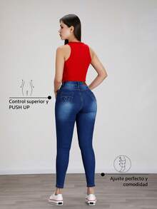 Pantalón Slim Fit Azul de Mezclilla Suave con Cintura Alta, Botones Metálicos y Diseño de Bolsillos con Efecto Trasero Levanta Glúteos - Azul 2309guion2 - Ver 3