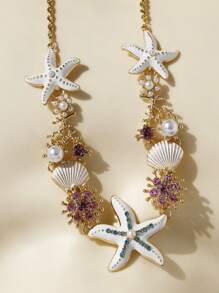 1pc Short Beach Style Enamel Starfish, Coral, Rhinestone, Sea Shell & Faux Pearl Necklace, Suitable For Women To Wear At The Beach