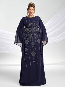 YISIKADO Vestido largo elegante de noche con mangas abullonadas, cuello redondo y patrón retro con rhinestones para mujer de talla grande, vestido largo recatado con mangas largas para fiesta y baile - Azul Marino - Ver 2