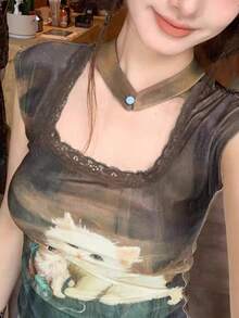 猫咪印花蕾丝拼接方领短袖女上衣