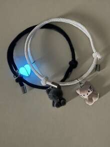 2pcs Luminous Couple Rings, Cute Cat Heart Pendant Bracelet That Glows In The Dark, Suitable For Couples Halloween & Valentine's Day Gifts - Multicolor - View 6