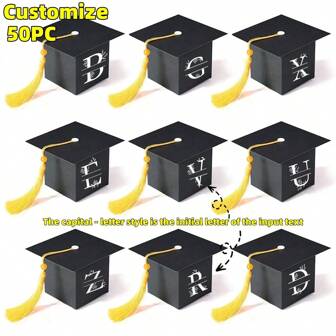 Caja de caramelos personalizada con forma de birrete de graduación negra, caja de regalo de papel hecha a mano, empaque de regalo de graduación, suministros para fiesta de graduación 2025 con felicitaciones, suministros para bodas