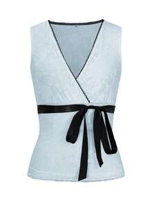 Y2K Summer Ladies Out Dating Lace Color Patchwork Collar Waist Bow Lace-Up Top - Blue - View 3