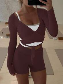 Ballet Wrap Tie Top Women Pilates Workout Yoga White Cross Wrap Top Y2k V Neck Long Sleeve Slim Fitted Self Tie T-Shirts Tops - 棕色 - 查看 2