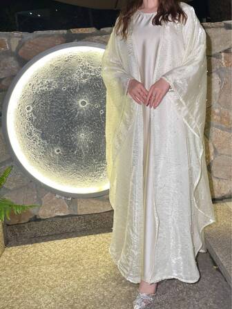 Shiny Pearl Organza Cardigan Butterfly Open Abaya Maxi Dress Occasion Abaya