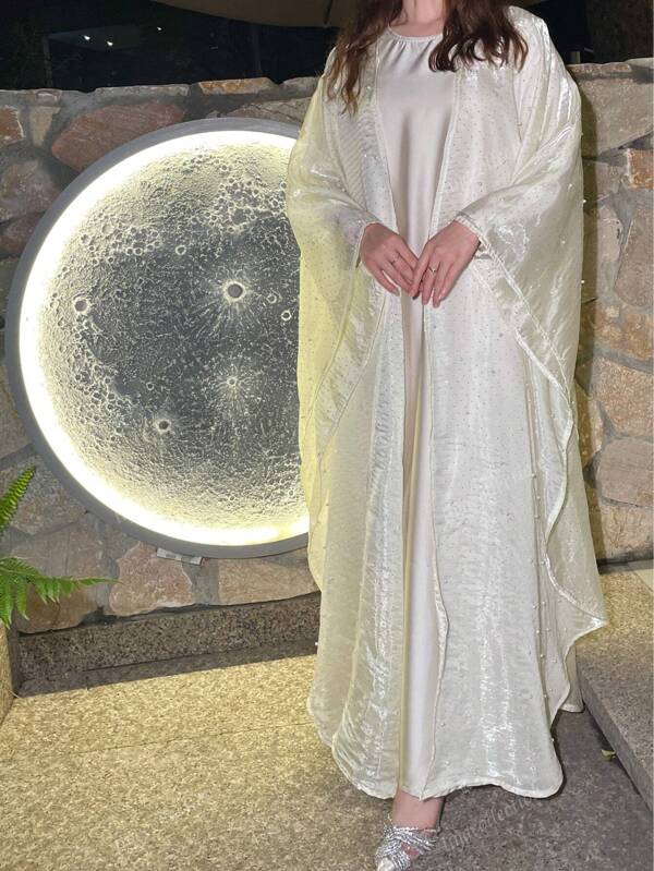 Shiny Pearl Organza Cardigan Butterfly Open Abaya Maxi Dress Occasion Abaya