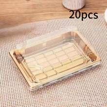 20 件可重复使用的塑料金色寿司盒，一次性长方形生鱼片、鲑鱼、水果和开胃菜拼盘带盖，非常适合野餐、派对、节日和庆祝活动