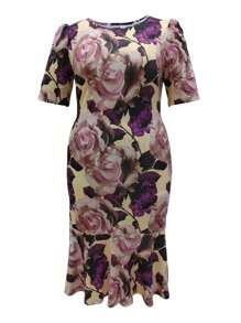 Abito a balze con stampa floreale vintage, taglia grande, in tessuto jersey estivo, scollo a ciambella, in poliestere e spandex, lunghezza midi