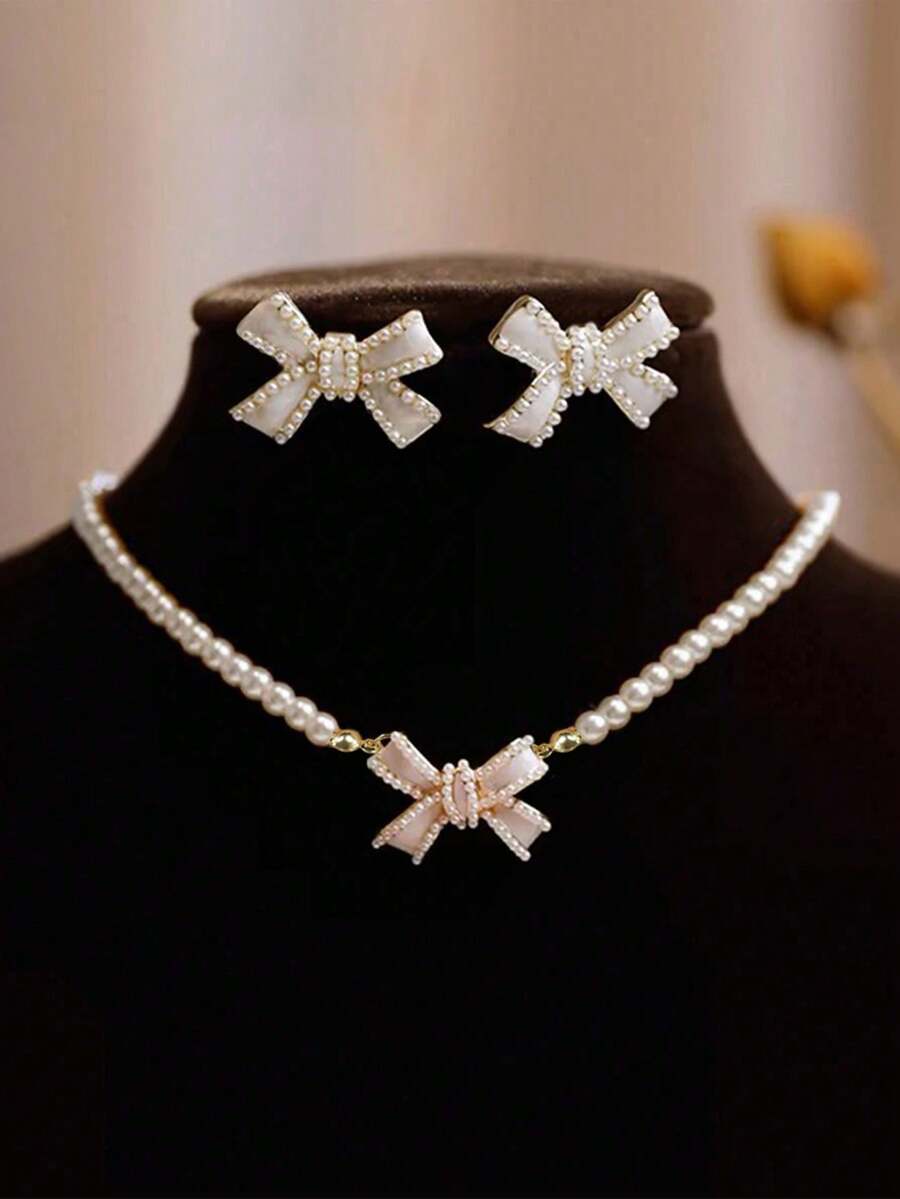 3pcs Of Exquisite Faux Pearl Bow Necklace And Earrings, Specially Designed For Women, Ideal Gift For Girlfriend On Valentine's Day - 彩色 - 查看 1