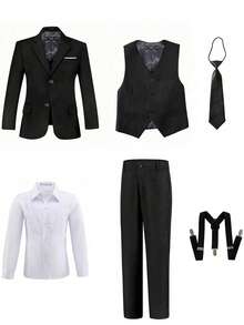 6件套男童西装套装，幼儿燕尾服正装，花童礼服，婚礼西装外套、马甲、裤子、衬衫、领带，儿童正装，黑色，尺码4-16岁
