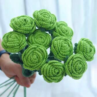 1/3/6/10枝手工钩针玫瑰花（无容器，非泡泡玫瑰），装饰花束，人造花，手工花，针织花，永生花。新娘花束，女士礼物，母亲礼物，创意礼物，可用作餐厅、客厅、卧室、婚礼、派对和户外装饰的家居装饰。适用于春夏装饰、感恩节、母亲节、父亲节、生日和其他节日。