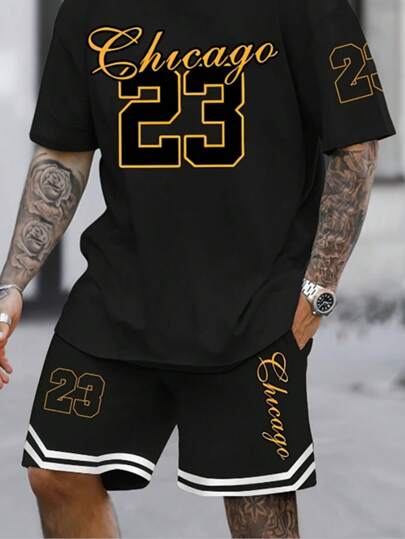男士夏季服装，字母印花短袖短裤套装，适合篮球、运动、健身房