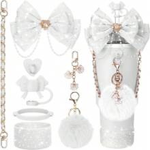 Accesorios con brillo para taza de 30oz, 40oz, 20oz con asa, incluye: tapa decorativa con lazo y pajita, pajita con lazo decorativo, correa de manija de botella de agua, funda de silicona para taza, cadena con dije, regalo ideal para el Día de San Valentín, Día de la Madre, útiles escolares