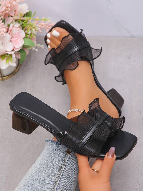 1 Pair Women's 5cm Mid Heel Lace Ruffle Band Sandals - Crystal Heel Design, & Stylish, Suitable For Party, Daily Outfit - Women High Heel Sandals