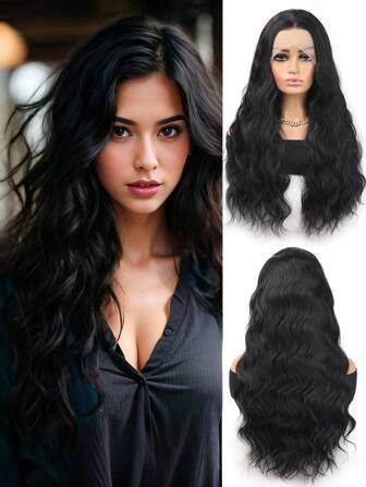 Peluca de fibra sintética resistente al calor de 26 pulgadas con cabello largo y ondulado, con línea de implantación delantera de encaje HD prearreglada de alta calidad para uso diario, color negro natural, para damas