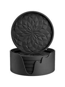 6pcs/Set Thick Solid Color Minimalist Silicone Round Coasters With Holder, Anti-Slip & Heat-Resistant, Suitable For Kitchen, Dining Table, Cafe, Picnic, Holiday Party, Birthday Party, Gathering - Multicolor - View 1